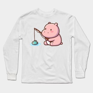 cute hippo fishing Long Sleeve T-Shirt